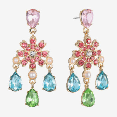 Monet Jewelry Gold Tone Glass Flower Chandelier Earrings