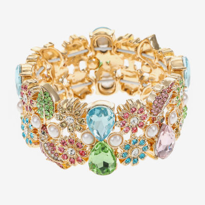 Monet Jewelry Gold Tone Thick Glass Flower Stretch Bracelet