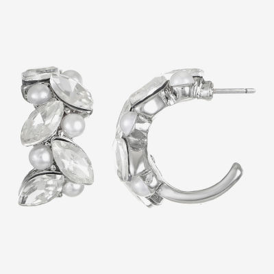 Monet Jewelry Silvre Tone Open Huggie Simulated Pearl Hoop Earrings