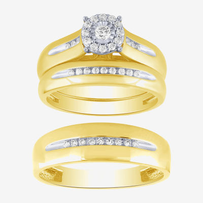 Unisex Adult 1/3 CT. T.W. White Diamond 10K Two Tone Gold Halo Side Stone Ring Sets