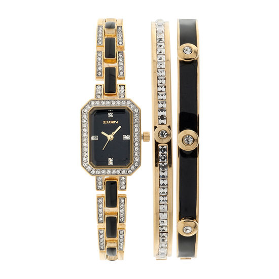 Elgin® Womens Black Gold-Tone Watch and Bracelet Set