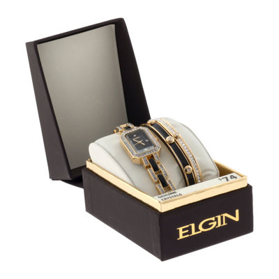 Elgin® Womens Black Gold-Tone Watch and Bracelet Set