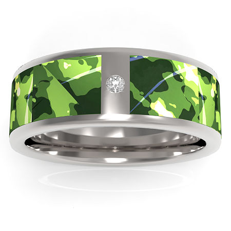 Green Camo Mens 8MM Diamond Accent Natural White Diamond Stainless Steel Wedding Band, 12