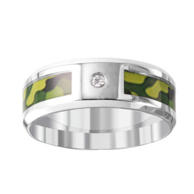 Green Camo Mens 8MM Diamond Accent Natural White Diamond Stainless Steel Wedding Band