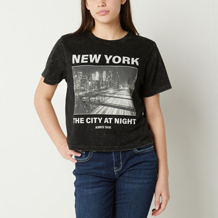  Juniors New York The City At Night Womens Crew Neck Short Sleeve Cropped Graphic T-Shirt