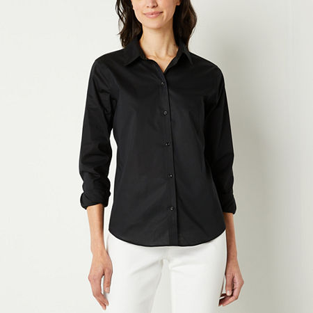 Liz Claiborne Wrinkle Free Womens Long Sleeve Regular Fit Button-Down Shirt, Petite Large, Black