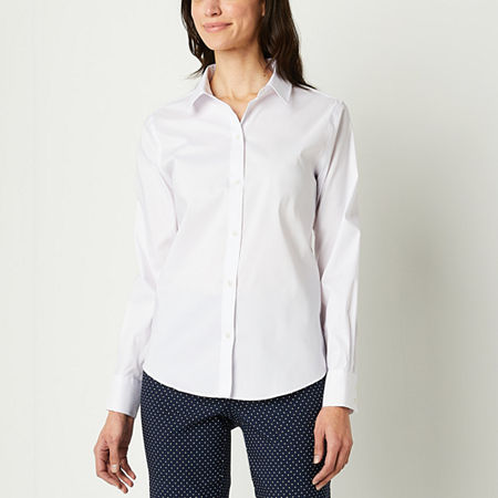 Liz Claiborne Wrinkle Free Womens Long Sleeve Regular Fit Button-Down Shirt, X-small, White