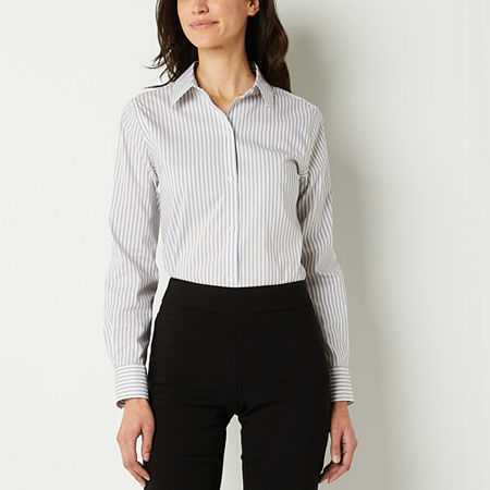 Liz Claiborne Wrinkle Free Womens Long Sleeve Regular Fit Button-Down Shirt, Petite X-small, White