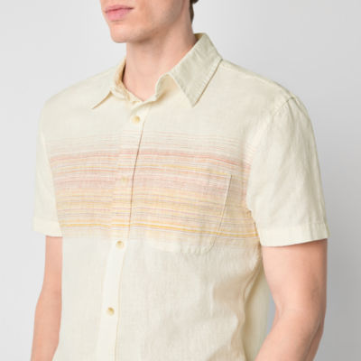 mutual weave Mens Linene Blend Short Sleeve Striped Button-Down Shirt