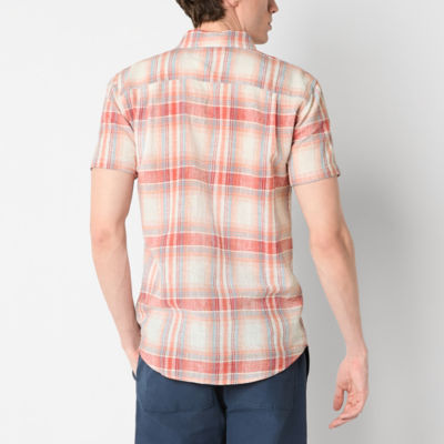 mutual weave Mens Linen Blend Short Sleeve Plaid Button-Down Shirt