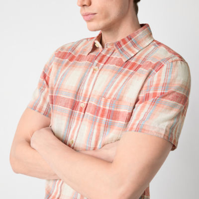 mutual weave Mens Linen Blend Short Sleeve Plaid Button-Down Shirt