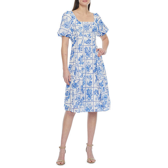 Melonie T Short Sleeve Floral Midi Fit + Flare Dress