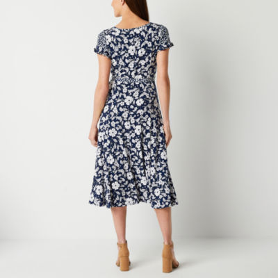 Perceptions Short Sleeve Floral Midi Fit + Flare Dress