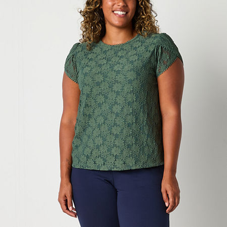 Liz Claiborne Womens Crew Neck Short Sleeve Lace Blouse, Small, Green