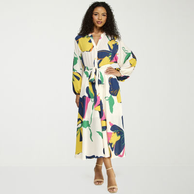 Premier Amour Womens Long Sleeve Floral Midi Fit + Flare Dress