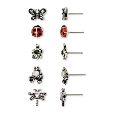 Mixit Hypoallergenic Silver Tone Ladybug Turtle Frog Dragonfly 5 Pair Butterfly Earring Set