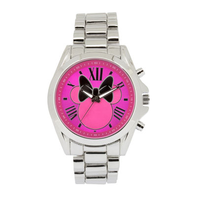 Disney Minnie Mouse Womens Pink Dial Silver-Tone Bracelet Watch