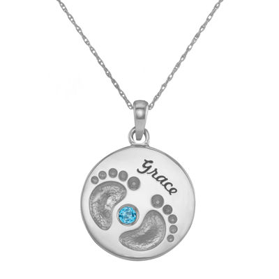 Personalized Sterling Silver Name and Birthstone Footprints Pendant Necklace