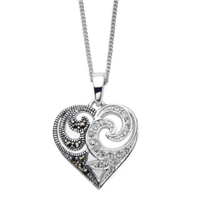 Marcasite and Crystal Sterling Silver Heart Pendant Necklace