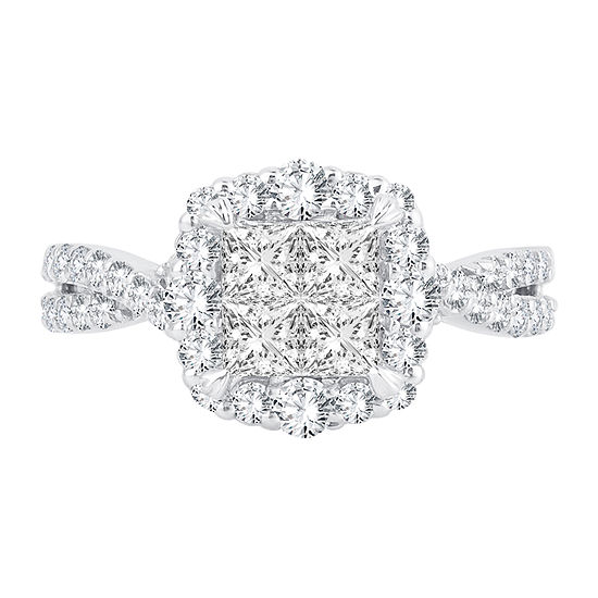 Womens 1 1/2 CT. T.W. Genuine White Diamond 14K White Gold Cushion Halo Engagement Ring