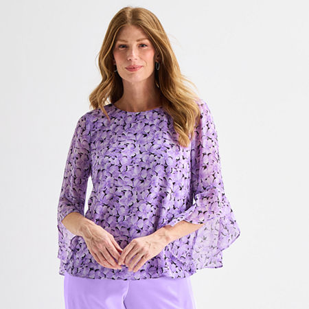 Black Label By Evan Picone Womens Crew Neck 3/4 Sleeve Blouse In Purple