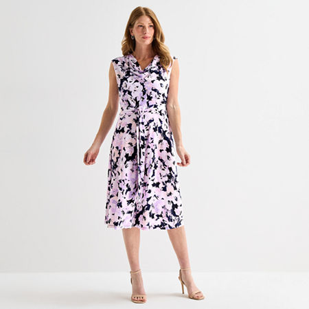 Black Label by Evan-Picone Womens Midi Cowl Neck Short Sleeve Cap Floral Fit + Flare Dress