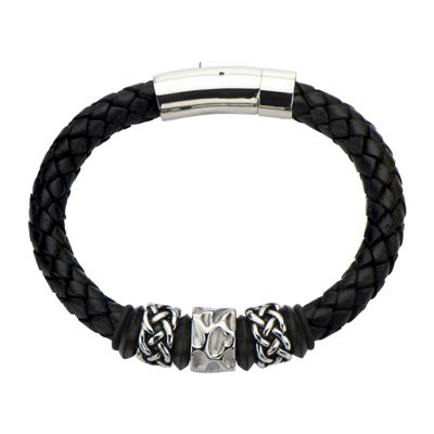 Mens Black Braided Leather and Stainless Steel Celtic Knot Bracelet