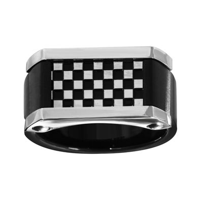 Mens Stainless Steel and Black Ion-Plated Checkerboard Ring