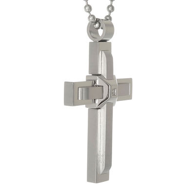 Mens Cubic Zirconia Stainless Steel Triple Layer Cross Pendant Necklace