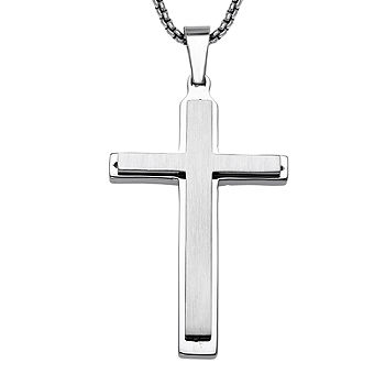 Men's Black Wooden Cross Pendant Necklace Stainless Steel 24