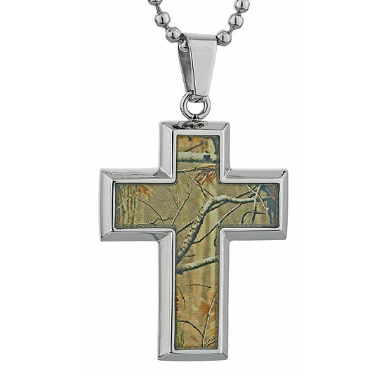 Mens Stainless Steel and Camouflage Cross Pendant Necklace