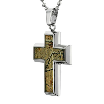 Mens Stainless Steel and Camouflage Cross Pendant Necklace