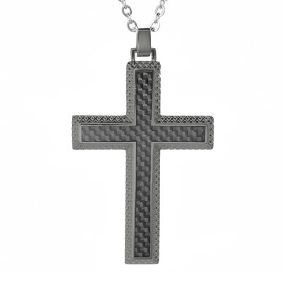 Mens Gunmetal Gray IP Stainless Steel and Carbon Fiber Cross Pendant Necklace