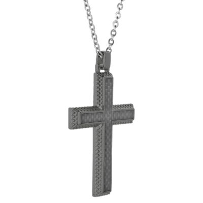 Mens Gunmetal Gray IP Stainless Steel and Carbon Fiber Cross Pendant Necklace