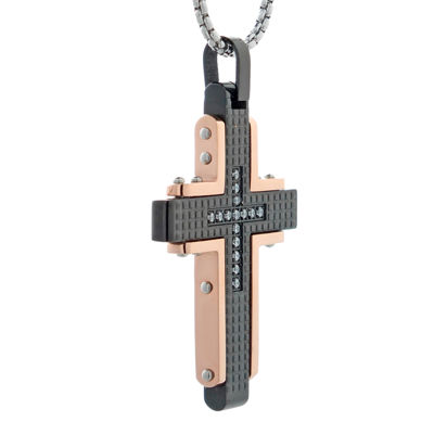 Mens Cubic Zirconia Black Stainless Steel and Rose IP Textured Cross Pendant Necklace