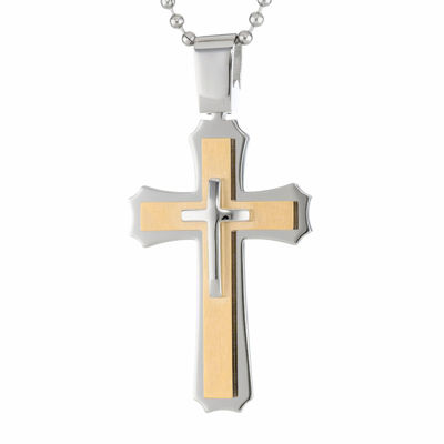 Mens Two-Tone Stainless Steel Triple Layer Cross Pendant Necklace