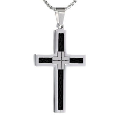 Mens Two-Tone Stainless Steel Cross Pendant Necklace