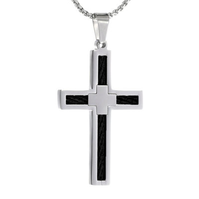 Mens Two-Tone Stainless Steel Cross Pendant Necklace