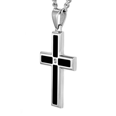 Mens Diamond Accent Two-Tone Stainless Steel Cross Pendant Necklace