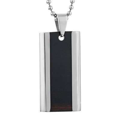 Mens Two-Tone Stainless Steel Dog Tag Pendant Necklace with Wooden Inlay