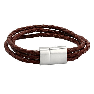 Mens Brown Leather and Stainless Steel Bracelet