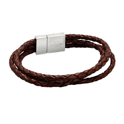 Mens Brown Leather and Stainless Steel Bracelet