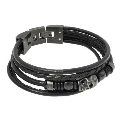 Mens Black Leather and Stainless Steel Skull Bracelet