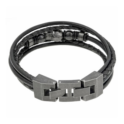 Mens Black Leather and Stainless Steel Skull Bracelet