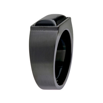 Mens Black Agate Stainless Steel Band Ring