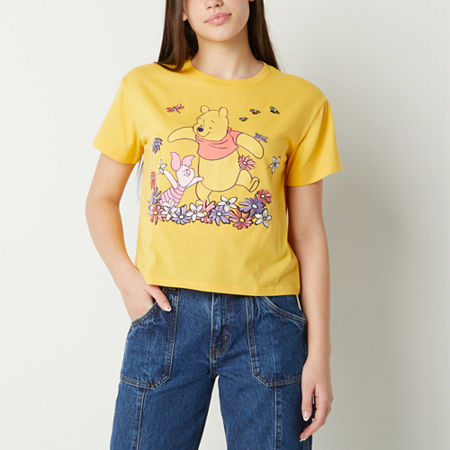  Juniors Winne The Pooh Embroidered Flowers Womens Crew Neck Short Sleeve Disney Cropped Graphic T-Shirt