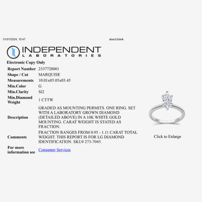 1 CT. Lab-Grown (G / SI1-SI2) Diamond Marquise-cut Solitaire Engagement Ring in 10K or 14K Gold
