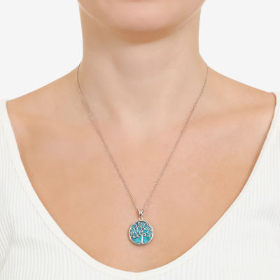Womens Blue Turquoise Sterling Silver Round Pendant Necklace
