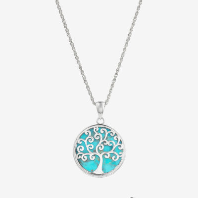 Womens Blue Turquoise Sterling Silver Round Pendant Necklace