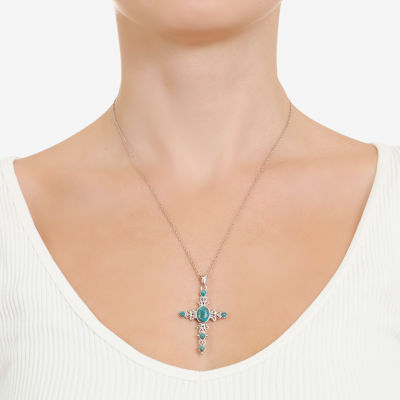 Womens Blue Turquoise Sterling Silver Cross Pendant Necklace